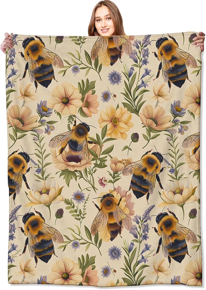 Bumblebee and Floral Blanket Bee and Wildflower Yellow Throw Blankets Gifts for Girls Boys Adults Lightweight Soft Fleece Cozy for Sofa Couch Bed Room Travel Birthday Decor 60x80in