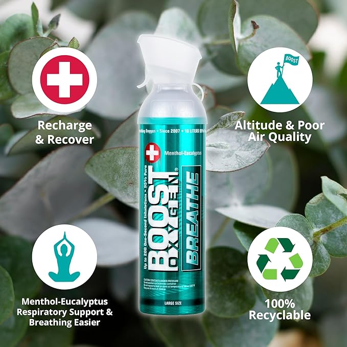 Boost Oxygen Large Breathe Menthol-Eucalyptus Aroma 10L Canister | Respiratory Support for Aerobic Recovery, Altitude, Performance & Health (6 Pack)