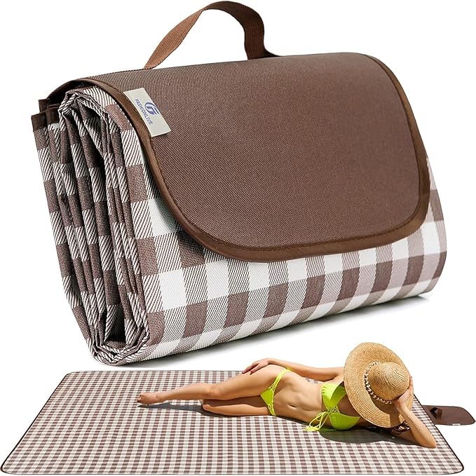 HX&OD Picnic Blanket Outdoor Extra Large Picnic Mat 80"X60" Camping Blanket Beach Blanket Foldable Waterproof Sand Mat Hiking Travel Family Concerts(Brown)