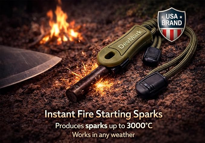 Ferrocerium Fire Starter with Paracord Lanyard and HSS Striker, 3/8" Long Ferro Rod Fire Steel for for Camping, Bushcraft, Survival & Emergency Use