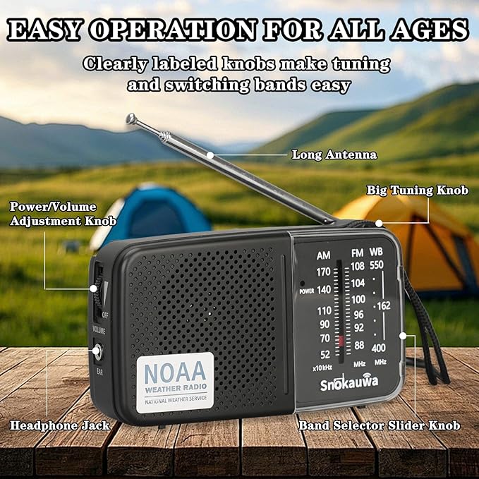 Portable AM FM Transistor Radio Battery Operated, NOAA Weather Radio with Loud Speaker, Headphone Jack, 2 AA Batteries, Excellent Reception, for Everyday Carry Essential, Travel, Storms