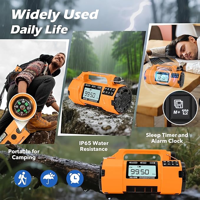 Emergency Radio NOAA Weather Alert FM/AM/SW, Hand Crank Radio with Replaceable Battery, Solar Power/USB-C Charging, Headphone Jack, Sleep Timer Clock, SOS Alarm for Camping/Outdoors