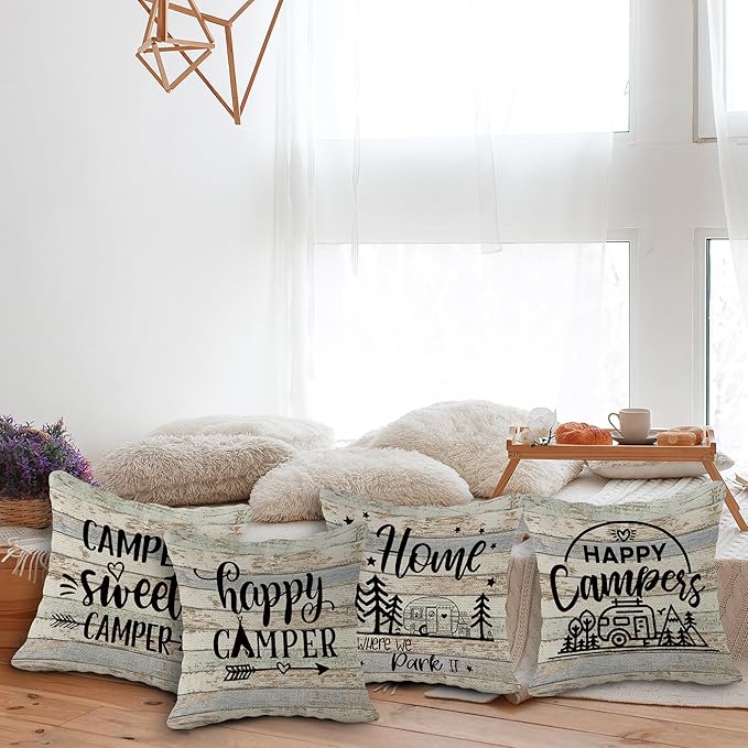 Sweet Camper Throw Pillow Case Set of 4, 18 x 18 Inch, Camping Gifts for Campers and Happy Campers