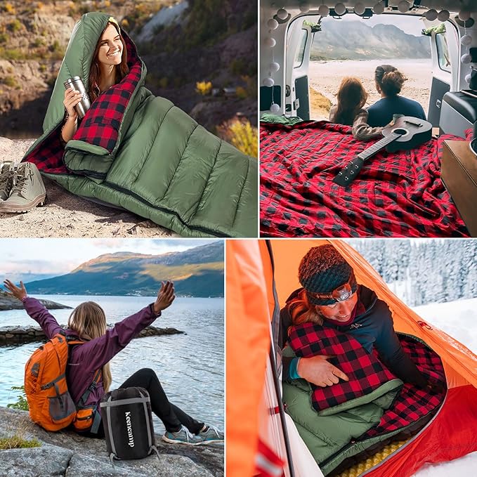 Keencamp 0 Degree Sleeping Bag Cotton Flannel Winter Cold Weather for Adults XXL Sleeping Bag 4 Season Big and Tall with Pillow Compression Sack