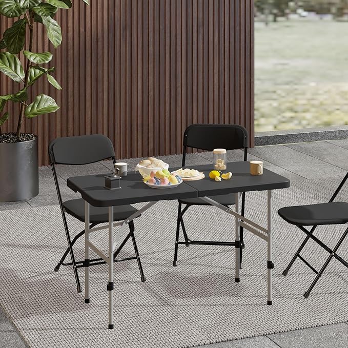 OS MOTOR 4ft Folding Table with Carry Handle, Portable Heavy Duty Plastic Utility Table with Steel Legs for Party, Wedding, Camping, Indoor, Outdoor Event, 48 Inch, Black
