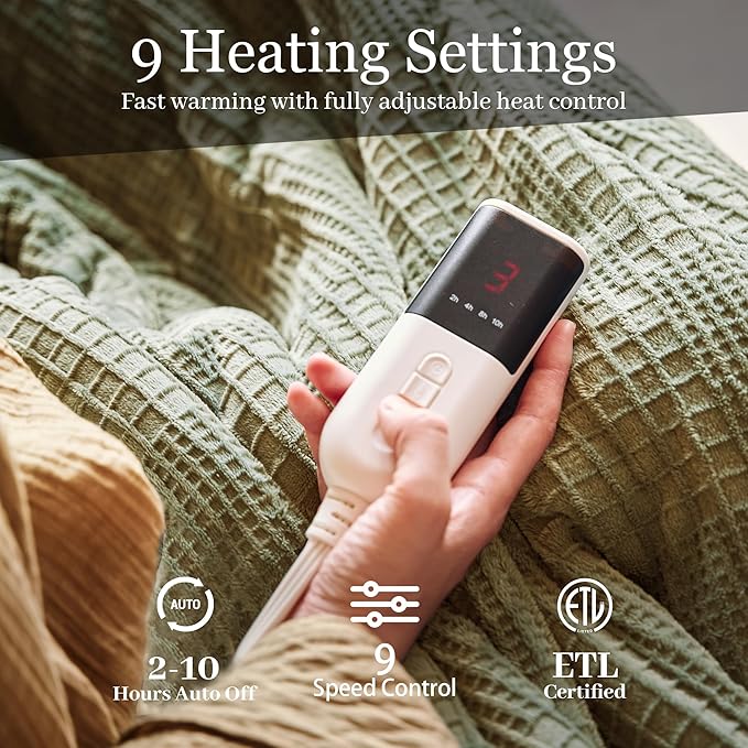 Texciting Electric Blanket Twin Size 62''X84'' - Heated Blanket with Single Control Fast Heating 9 Heating Levels & 10 Hours Auto Off,ETL Certified Machine Washable (Gray Green