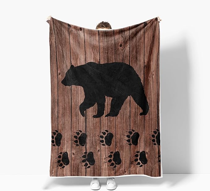 Torich Cabin Bear Throw Blankets, Rustic Lodge Brown Wooden Country Hunting Wild Animal Cozy Warm Bed Couch Blanket, White Fleece Flannel Throws to Decorate Room and Bedroom Camping Travel