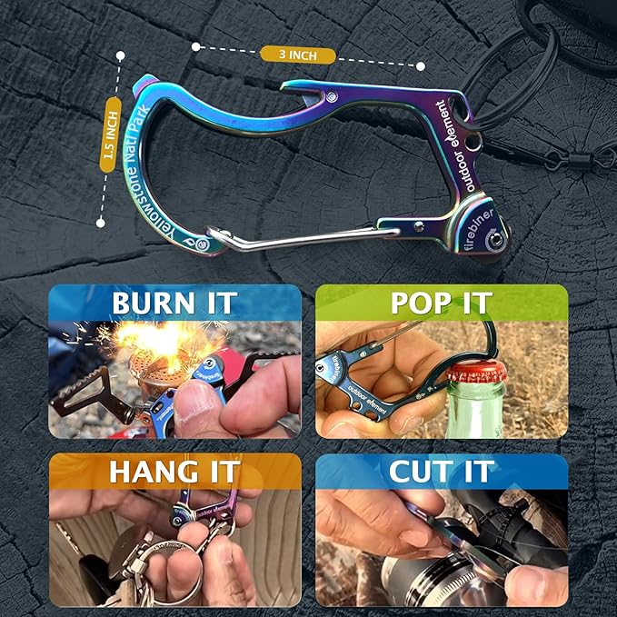 OUTDOOR ELEMENT Firebiner Custom Engraved 6-in-1 Fire Starter Carabiner Multitool – Survival Gear EDC Keychain with Utility Blade, Bottle Opener, Screwdriver, Emergency Tool