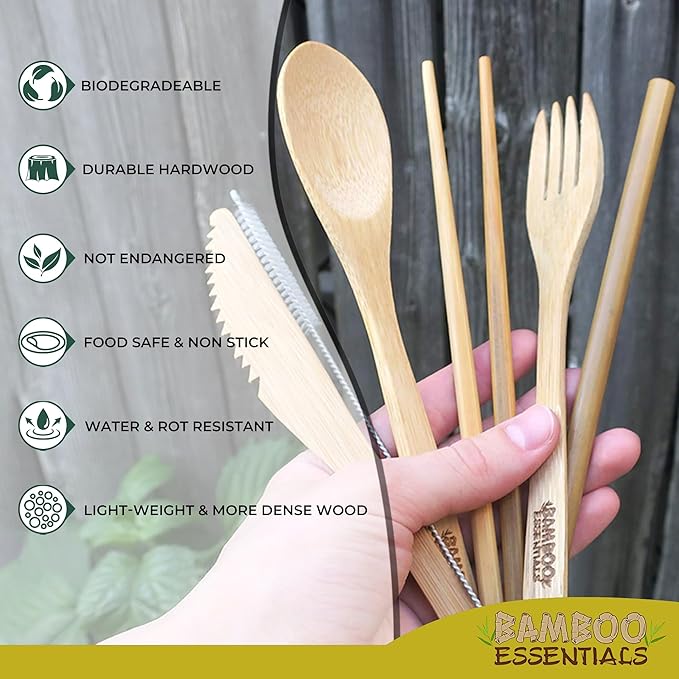 Travel Utensils with Case Set Fork, Knife, Spoon, Chopsticks, Straw, Straw-cleaning brush, Travel Pouch and Carabiner, Excellent For Everyday Use! ((2 Sets) Sunset Red/Sunrise Yellow)