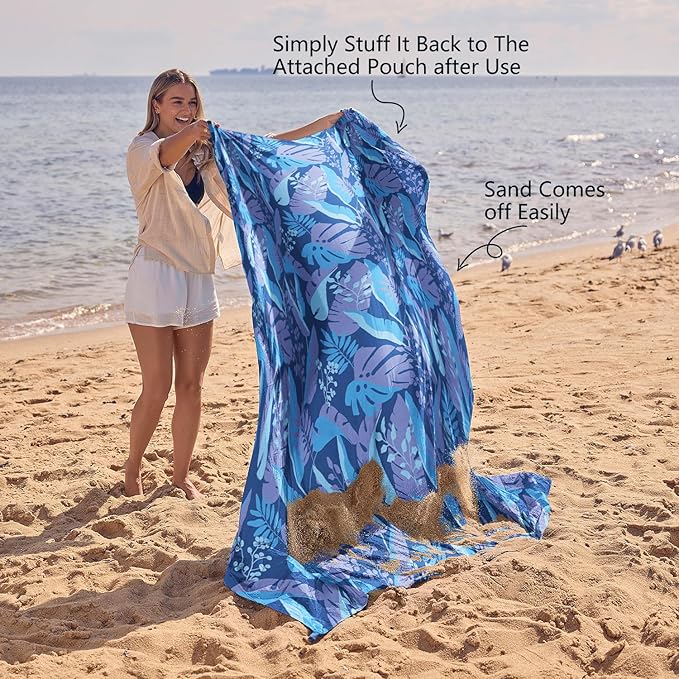 WEKAPO Beach Blanket Waterproof Sandproof Oversized, Extra Large Beach Mat Sand Free, Lightweight & Compact Sand Free Mat with 5 Stakes & 4 Corner Pockets