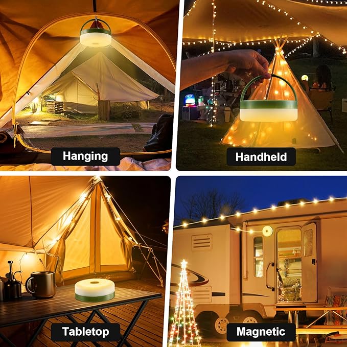 Camping String Lights, 4 in 1 Quick Storage 33FT Rechargeable Tent Lights with 9 Lighting Modes, Hanging Waterproof Portable Retractable LED Lamp for Outdoor, Patio, RV, Awning, Garden, Party