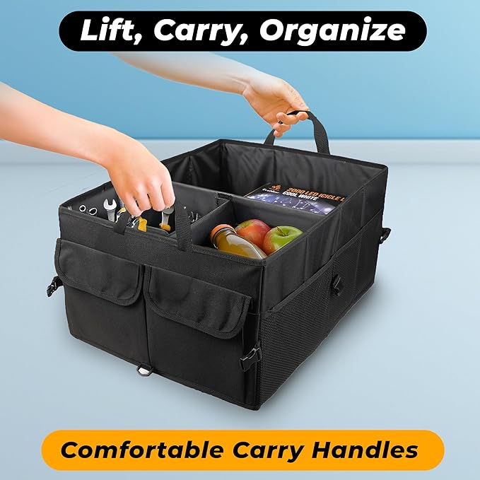 EcoNour Trunk Organizer for Car | SUV Collapsible Cargo Storage Box with Detachable Dividers, Mesh Pockets & Adjustable Straps | Multi Compartment Organizer for Groceries, Tools, Travel – Black