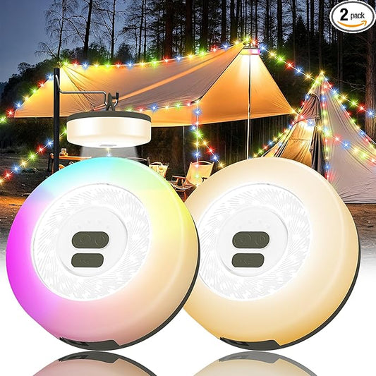 2Pack Camping String Lights, 4 in 1 Quick Storage Camping Essentials Gear 32.8FT Rechargeable Tent Lights with 9 Modes Hanging Waterproof LED Camp Lamp for Camping Hiking Patio Festival (Warm +RGB)
