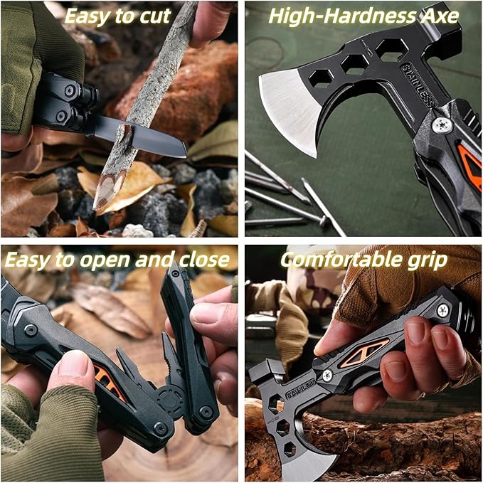 18-in-1 Multitool Hatchet Camping Axe with Hammer & Knife with Protective Sheath, Survival Gear for Men Dad, Emergency Car Tool & Hiking Accessories, Cool Gadgets for Outdoor Hiking Emergency
