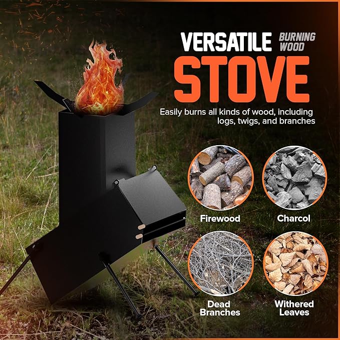 Rocket Stove for Camping Heavy Duty Wood Burning Stove with Adjustable Legs, Portable Wood Burning Fire Camping Stove, Cooking Camping Grilling Outdoor Backyard BBQ Stove with Storage Bag, Rod, Gloves