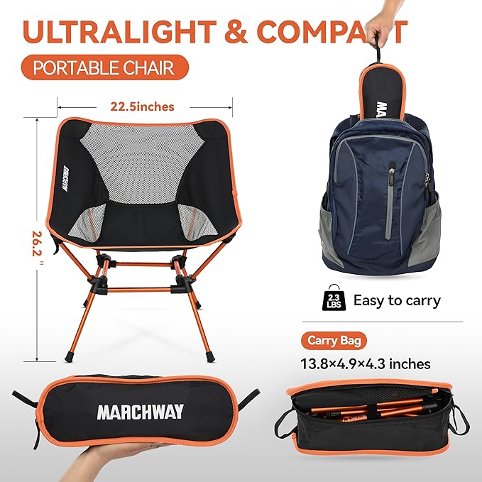 MARCHWAY Ultralight Folding Camping Chair, Heavy Duty Portable Compact for Outdoor Camp, Travel, Beach, Picnic, Festival, Hiking, Lightweight Backpacking (Orange)