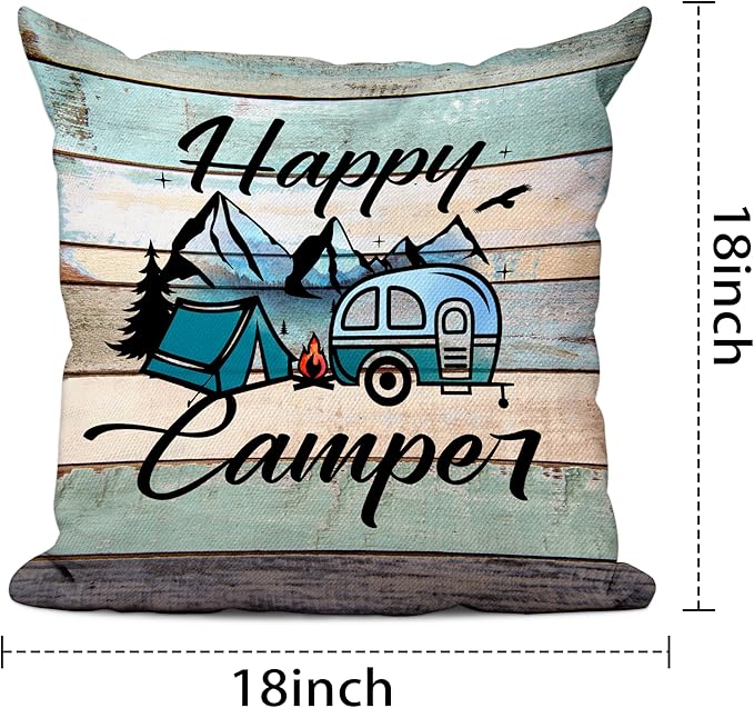Happy Camper Pillow Covers Set of 2, Vintage Decorative Camping Pillow Cover Camper Decorations for Inside Gifts for Outdoor Travel Pillowcases for RV Couch Living Room (Insert Excluded)