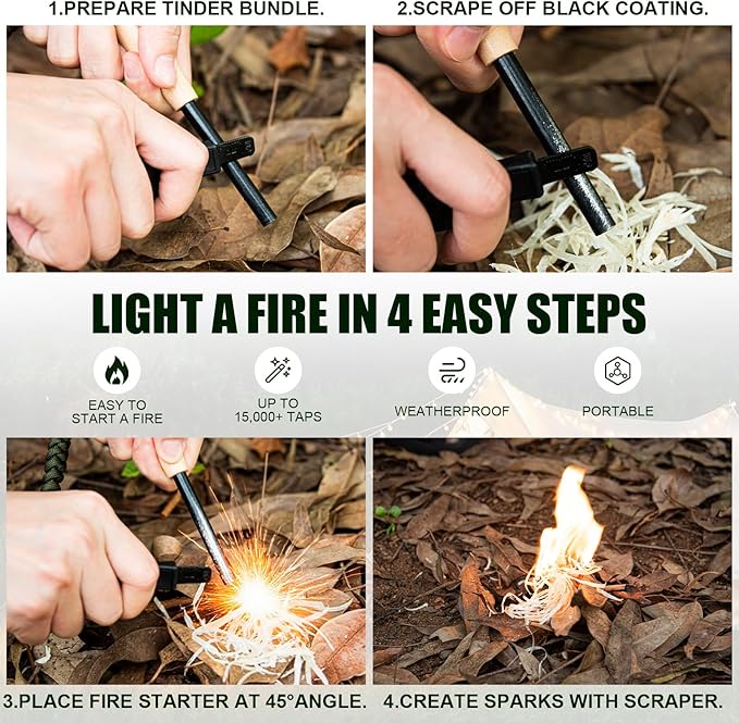 Ferro Rod Fire Starter Kit – Carbon Steel Striker & Compass-Integrated Hardwood Handle | Flint and Steel Survival Tool for Camping, Hiking, Bushcraft & Emergency