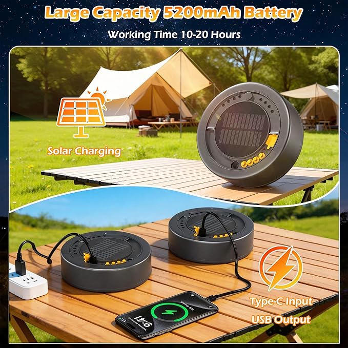5200 mAh Solar Camping String Lights, Portable Warm White Fairy String Light, 33FT 4-in-1 Waterproof Hanging String Lights, USB-C Rechargeable Phone Charger for Christmas Decor, Patio, Party