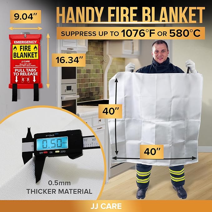 JJ CARE Fire Blanket – 7 Packs with Hooks and Gloves – 40” x 40” Fire Blankets Emergency for Home and Kitchen, High Heat Resistant and Flame Protection for Kitchen, Car, Office, Camping & Home Safety