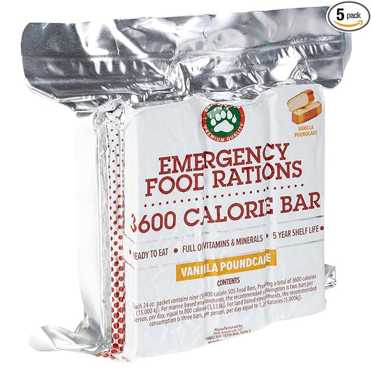 Grizzly Gear Emergency Food Rations- 3600 Calorie Vanilla Poundcake Bar (5 Pack) - 15 Day, 360 Hour Value Supply For Disaster, Hurricane - Less Sugar, More Nutrients - 5 Year Shelf Life