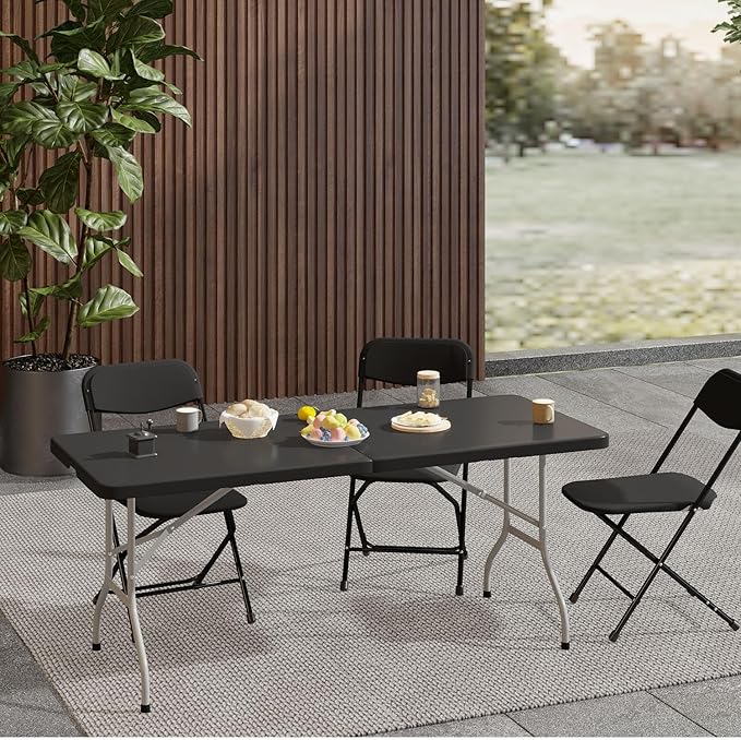OS MOTOR 6ft Folding Table with Carry Handle, Portable Heavy Duty Plastic Utility Table with Steel Legs for Party, Wedding, Camping, Indoor, Outdoor Event, 72 Inch, Black
