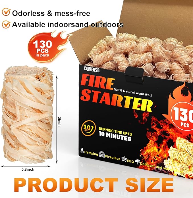 130 pcs Fire Starter-All Natural Wood Fire Starters for Fireplace,BBQ,Camping,Grill, Waterproof Quick Ignition Camp Fires tarter Accessories Kit (Indoor/Outdoor Use)