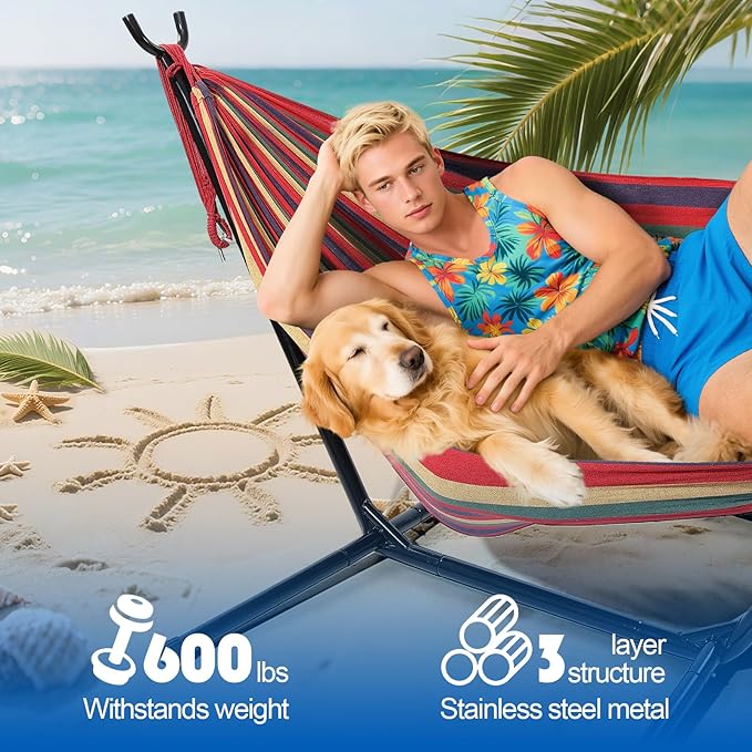 Hammock with Stand for Outside Indoor Heavy Duty Metal Hammock Holds 600lbs Portable Camping Hammock with Carrying Bag for Patio Beach Backyard
