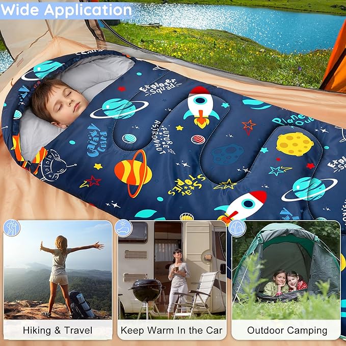FIOBEE Kids Sleeping Bag for Girls Boys 3 Season Warm & Cool Weather Youth Camping Sleeping Bags with Backpacking Bag Waterproof for Traveling Hiking Indoor Outdoor Camping Essentials