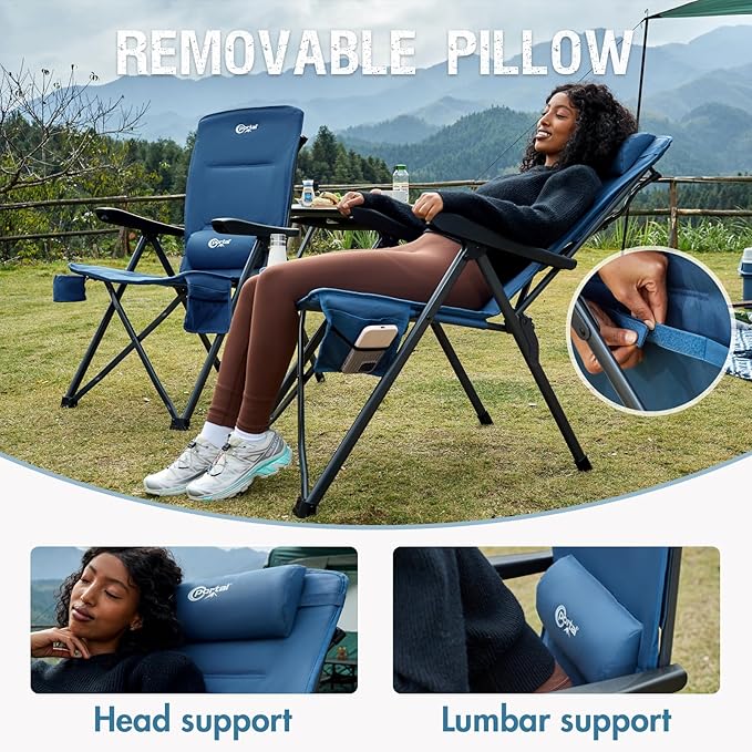 Portal Reclining Camping Chair with Adjustable Back Folding Camp Recliner for Adults Portable High Back Oversized, 350LBS (Blue)