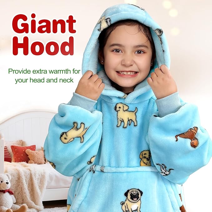 Waitu Wearable Blanket for Kids, Wearable Blanket Hoodie Gifts for Teens Girls and Boys, Warm Blanket Sweatshirt for Teenage, Hoodie Blanket with Sleeves - Light Blue