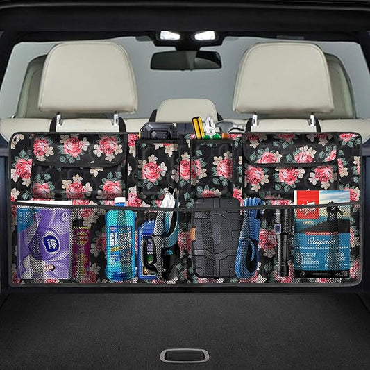 Car Trunk Organizer, Super Capacity Backseat Car Organizer for SUV/Truck/MPV(42"*18"), Hanging Car Storage Organizer with 8 Pocekts, Car Accessories for Women and Men- Floral