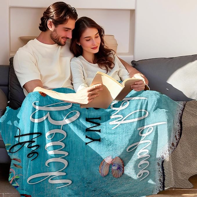 Beach Blanket, Blue Coastal Ocean Beach Throw Blanket for Couch, Bed, Summer Super Cozy Blankets Fuzzy Plush Lightweight Throw Blankets for Sofa, Bed, Living Room,50"X60"
