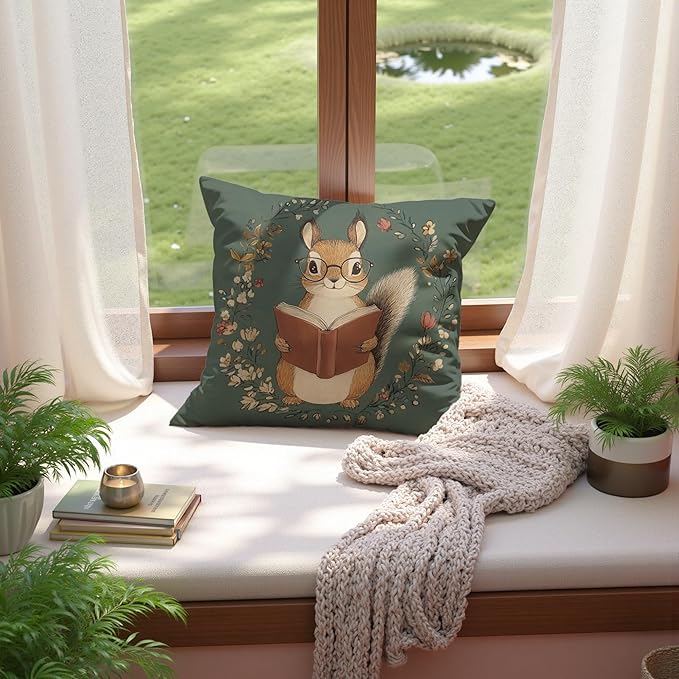 Vintage Bookish Squirrel Pillow Cover 18x18, Book Lovers Bookworm Reader Gifts, Cottagecore Forest Animal Decorative Throw Pillow Cover for Reading Room Nook Corner Home Library Nursery