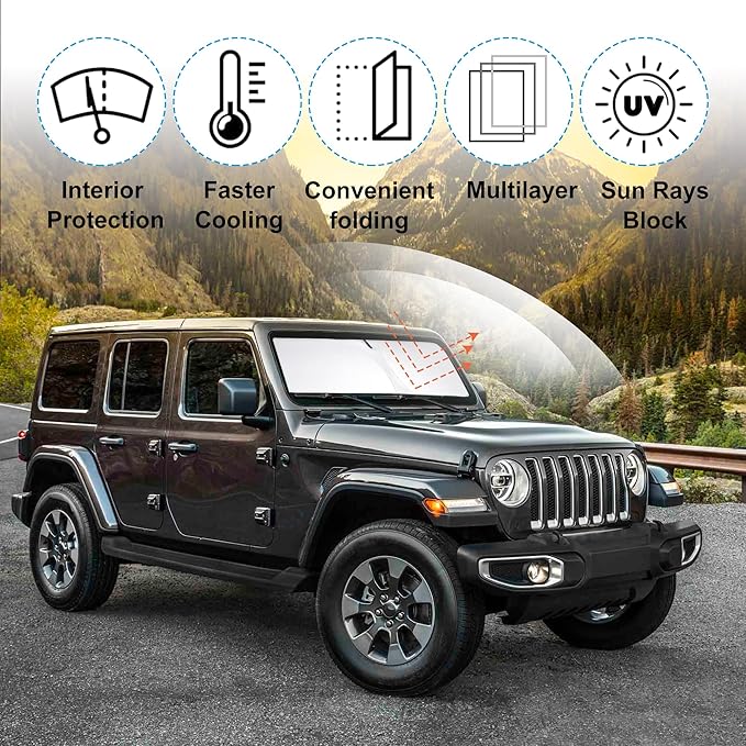 Windshield Sun Shade Custom Fit 2018-2024 2025 2026 Jeep Wrangler JL & 2/4 Door 4XE &2020-2025 2026 Jeep Gladiator JT Accessories Foldable Sunshade Front Window Covers Keeps Car Cooler