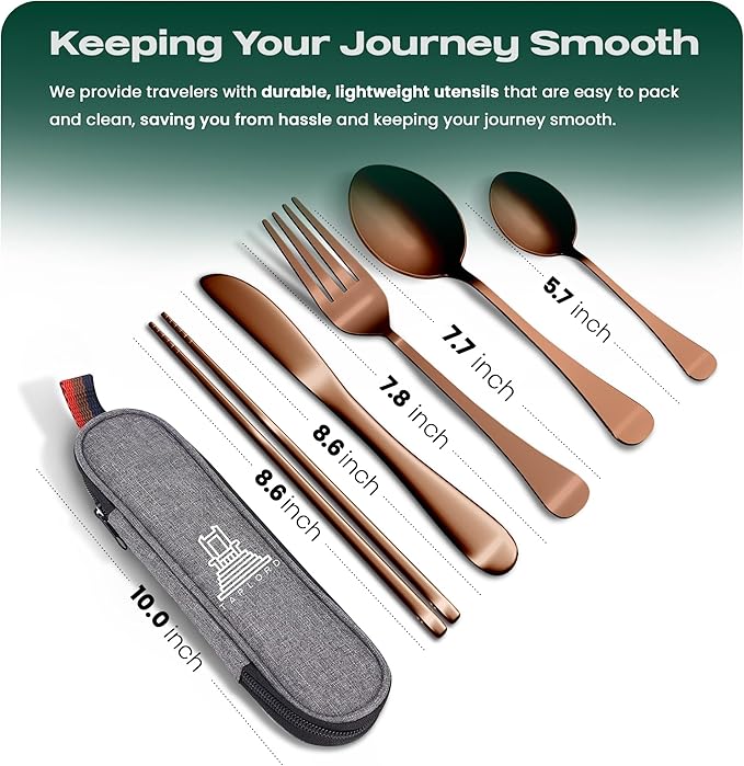 Taplord Portable Travel Silverware Set With Case, Includes 5 Pcs of Travel Utensils With Case, Stainless Steel Flatware Set For Camping, Easy to Travel, Lightweight (Rose Gold)