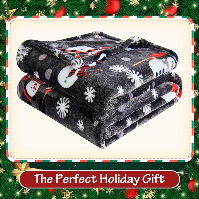 Edenleaf Grey Christmas Throw Blanket - Soft Warm Cozy Fleece Winter Throw, Holiday Blanket with Snowman & Snowflake Design, 60x80 Inches,Grey