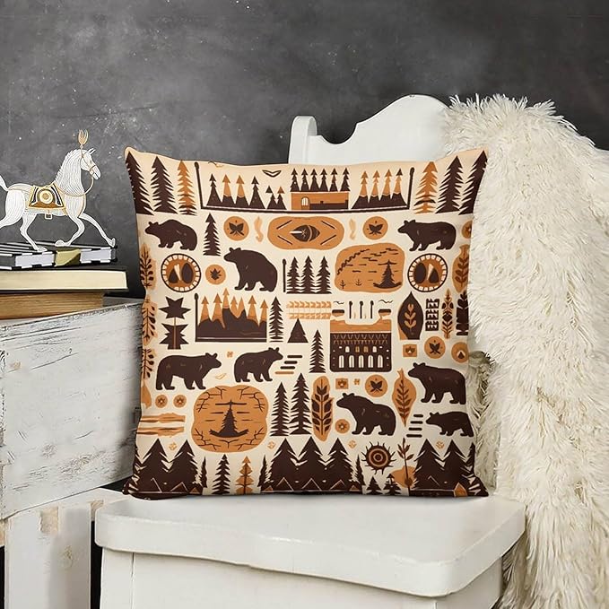 ITFRO Set of 2 Birthday Gift Nature Wildlife Bear Deer Forest Bonfire Pine Tree Short Plush Both Sides Square Retro Checkered Throw Pillow Cover Cushion Case Farmhouse Sofa Decor 18x18 Inches (Khaki)