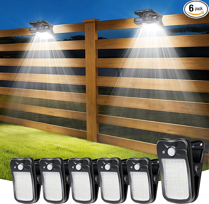 Clip on Solar Lights for Fence, 3 Modes Solar Motion Lights Outdoor Waterproof, 60LEDs 500LM Portable Security Light for Fence, Deck, Garage, Camping, USB Charging, 6 Black