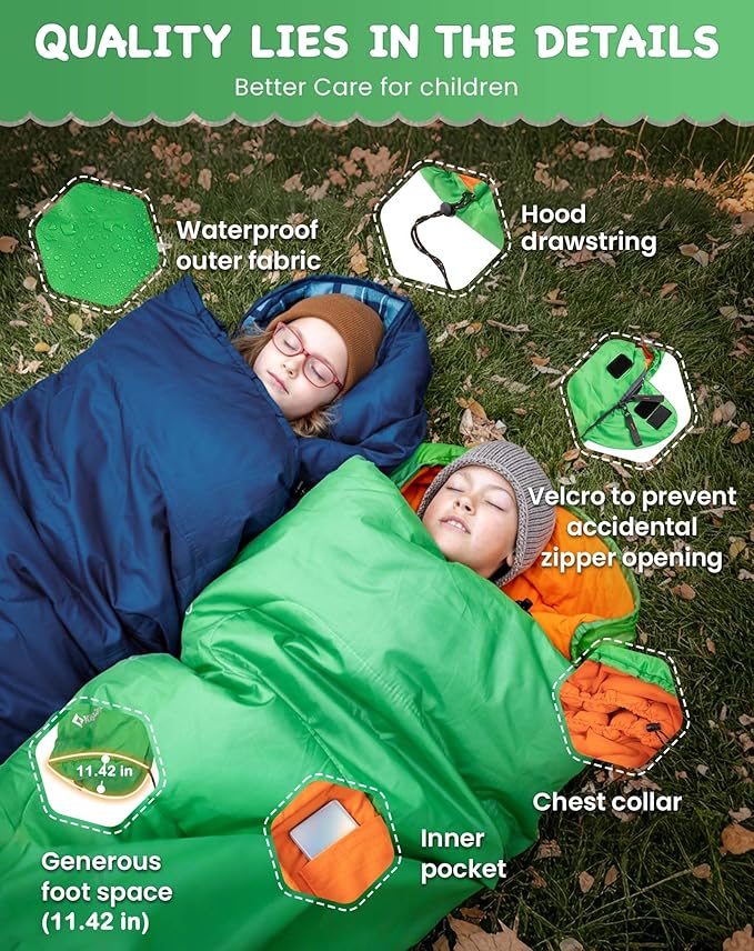 KingCamp 45°F Kids Sleeping Bag, Lightweight Waterproof & Compact Flannel Sleeping Bags Cold Weather & Warm Youth Essentials Gear Accessories for Camping, Fits 10-12 Children up to 4'7"-5'5" Tall