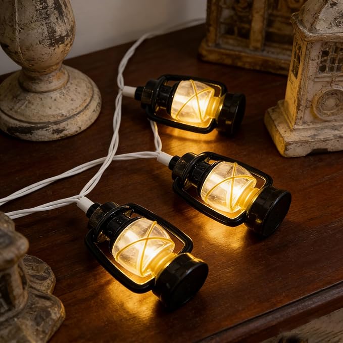 8.5Ft Black Mini Kerosene String Lights, Vintage Fairy Decorative Lights with 10 Warm White LED Lights, Connectable Outdoor Lantern for Bedroom Camping Wedding Garden Holiday