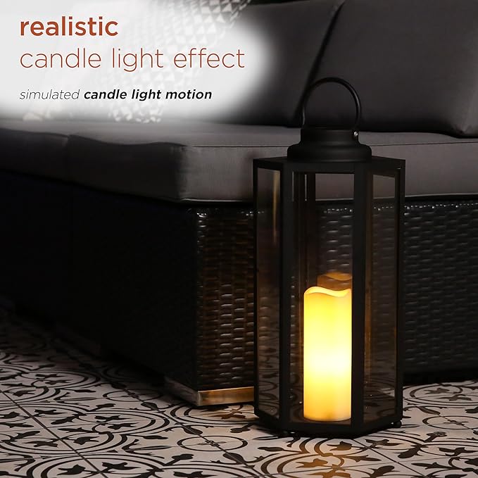 Alpine Corporation 18" Tall Outdoor Hexagonal Battery-Operated Metal Lantern with LED Lights, Black