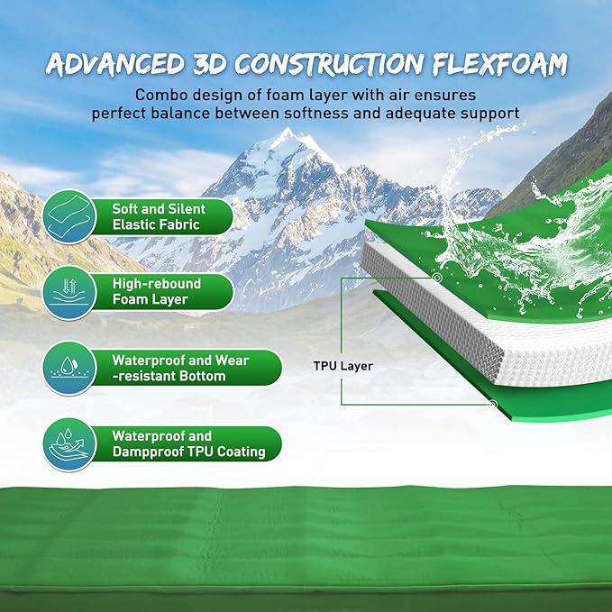 Buheco Sleeping Pad for Camping, Self-Inflating 9.5 R Value 3" Ultra-Thick Memory Foam Comfort Plus Camping Mats for Backpacking Travelling & Hiking Portable Air Mattress for 4-Season Green