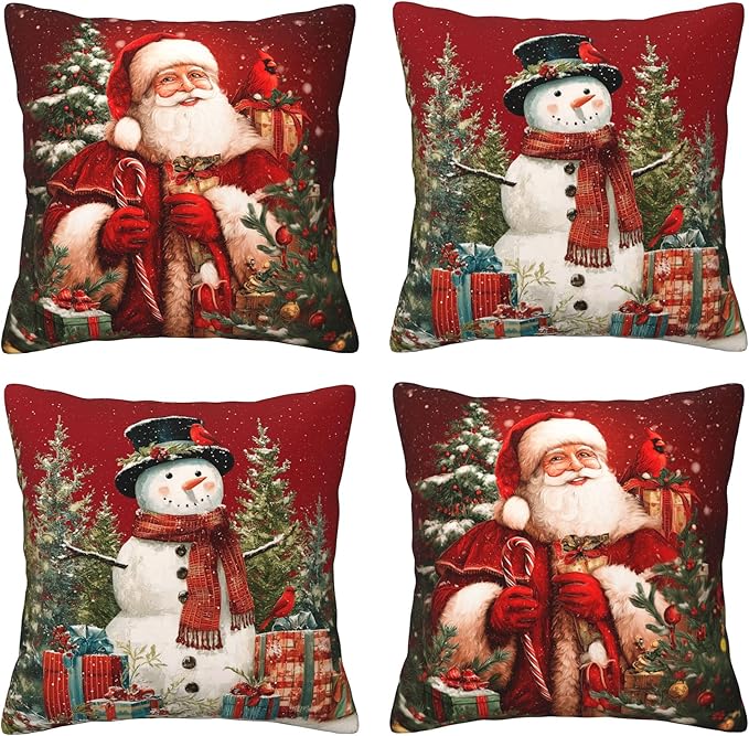 Santa Claus Throw Pillow Covers 18 X 18 Inch Set of 4 Decorative Cushion Cover Home Decor for Sofa Chair Couch Bedroom Living Room