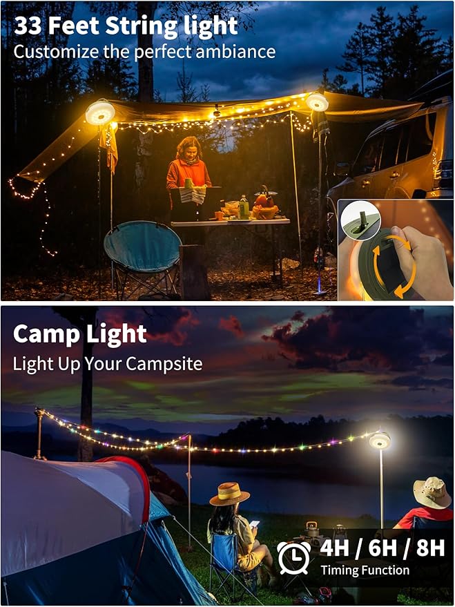 Upgraded Solar Camping String Lights, 33FT Retractable Colored Fairy Solar String Lights Camping with Snap Portable Hanging Tent Lantern for Awning Garden Yard Party Decor