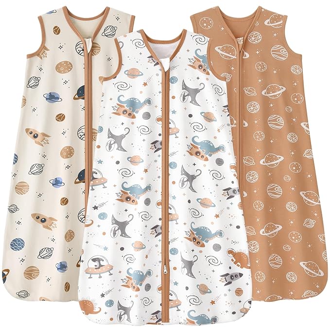 Baby Sleep Sack 0-6 months, 100% Cotton Sleeping Sack for Newborn and Infant, 3 Pack Baby Wearable Blanket for Boy and Girl, 0.5 Tog Lightweight Double Zipper Sleep Bag Coffee Dinosaur Planet