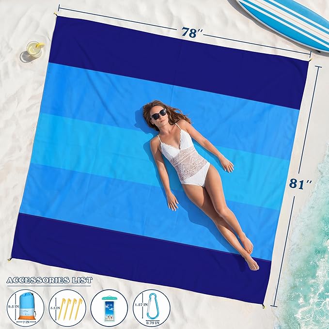 Famstar Beach Blanket Oversized Extra Large 78" X 81",Waterproof Sandproof Beach Blanket 1-7 Adults Lightweight Durable for Travel Camping Hiking Picnic