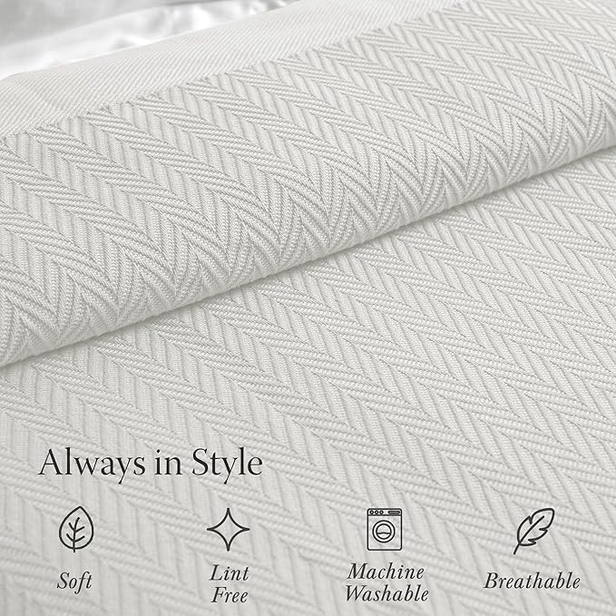 Threadmill Luxury Cotton Blankets for Twin Size Bed | All-Season 100% Cotton Twin Blanket for Bed | Herringbone Soft & Cozy Fall Thermal Blanket, 350GSM, 68x92 inches | Tusk White