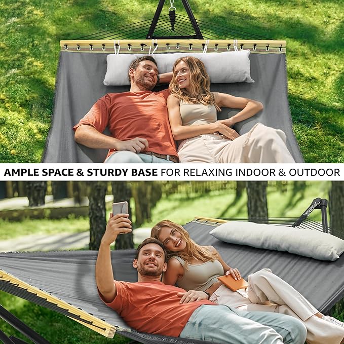 Tranquillo Unity Hammocks, Spacious and Comfortable Hammock Stand for 2, 800 lbs Capacity Steel Frame, Pre-Assembled with 30-Second Tool-Free Setup, No Screws Needed, Ideal for Indoor & Outdoor, Grey