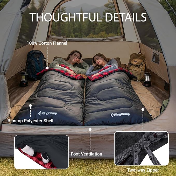 KingCamp Sleeping Bag for Adults, Cold Weather & Warm XL Big and Tall Flannel Sleeping Bags with Compression Sack Portable Waterproof Essentials Gear Accessories for Outdoor Camping